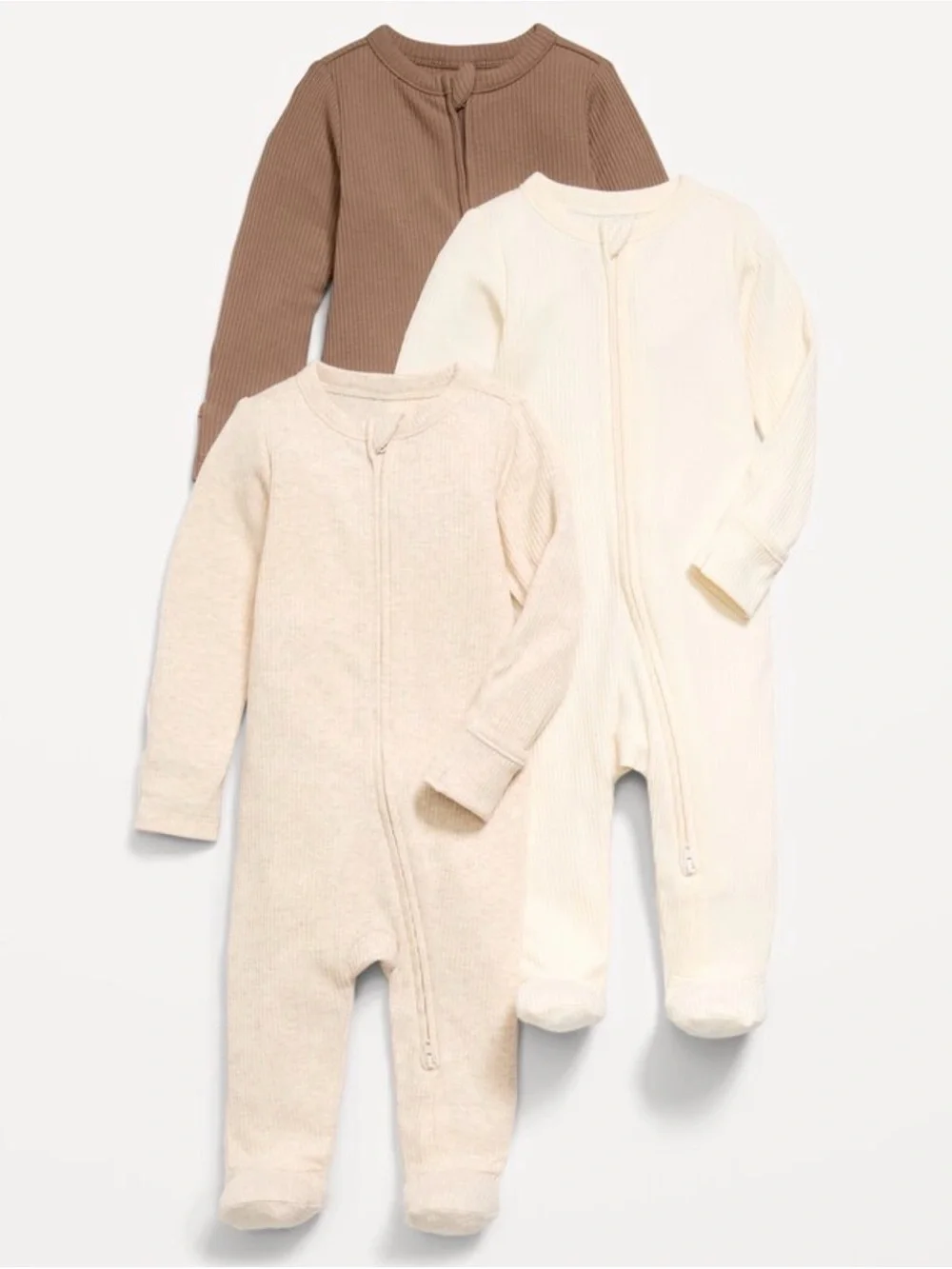 Old Navy Neutral Ribbed Zip-Front Baby Footie Set — Cream, Beige, Brown